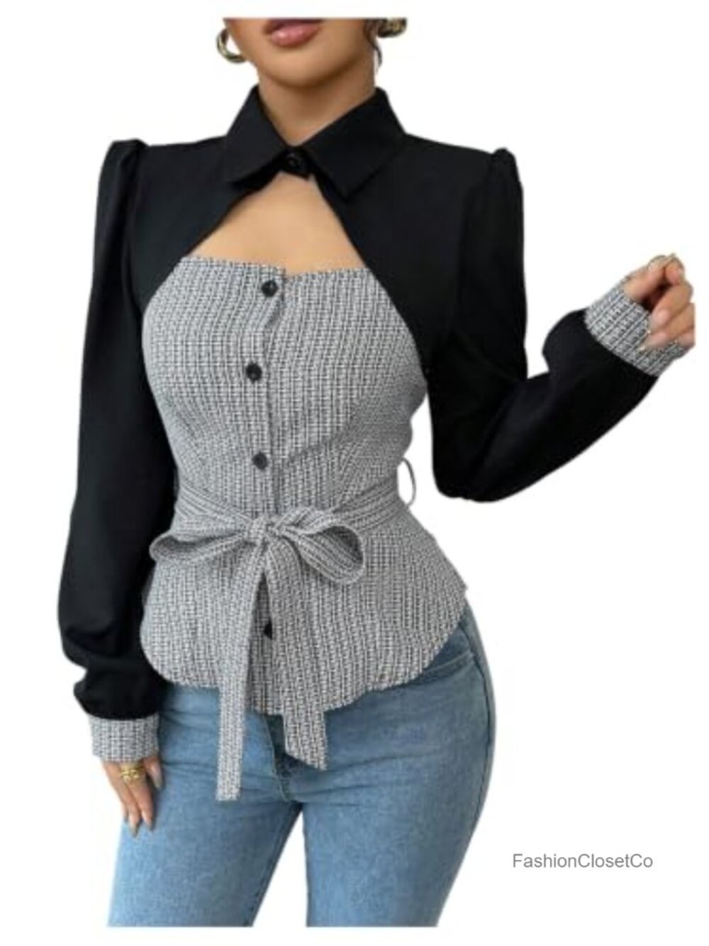 Women's Plaid Button Down Tie Waist Long Sleeve Work Blouse